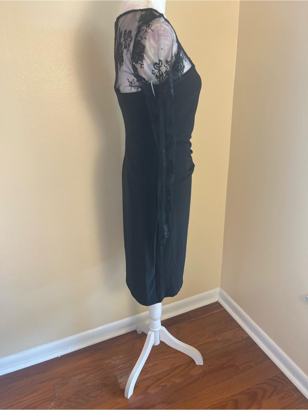 Black Sheer Floral Lace Faux Wrap Dress 8 Ruched Stretchy Cocktail Party Formal - Picture 7 of 16